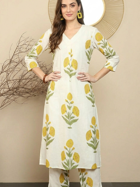 Off White Cotton Printed Suit Set