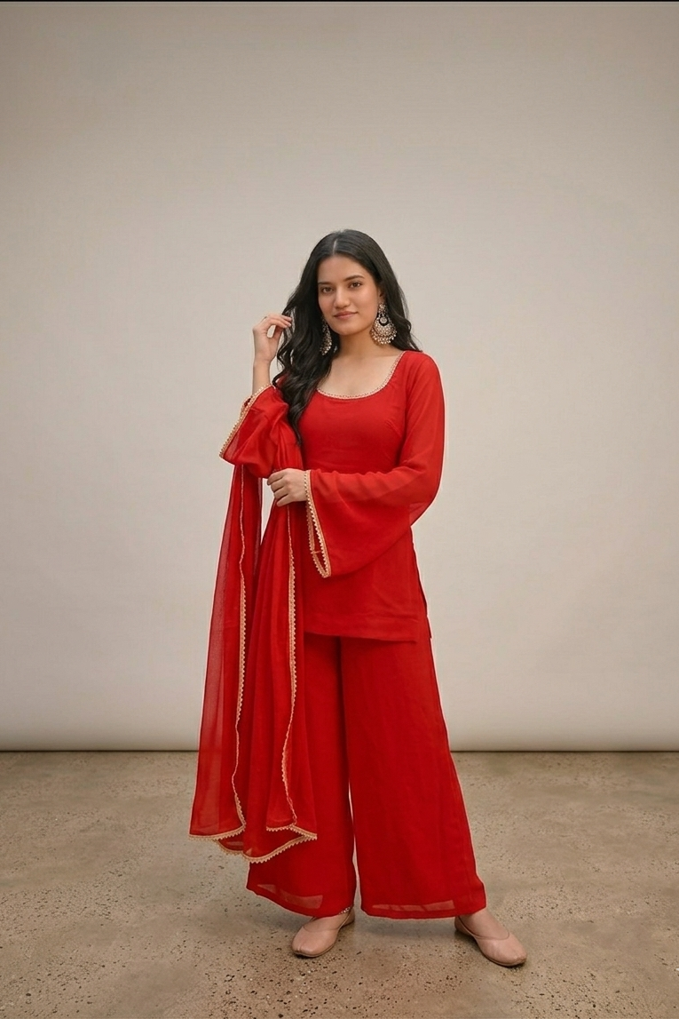 Bright Red Georgette Festive Suit Set