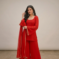 Bright Red Georgette Festive Suit Set