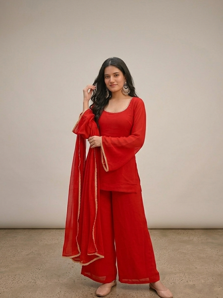 Bright Red Georgette Festive Suit Set