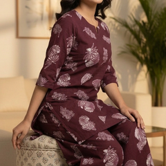 Wine Leaf Print Kurta Set