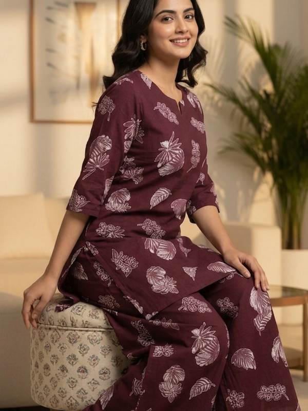 Wine Leaf Print Kurta Set