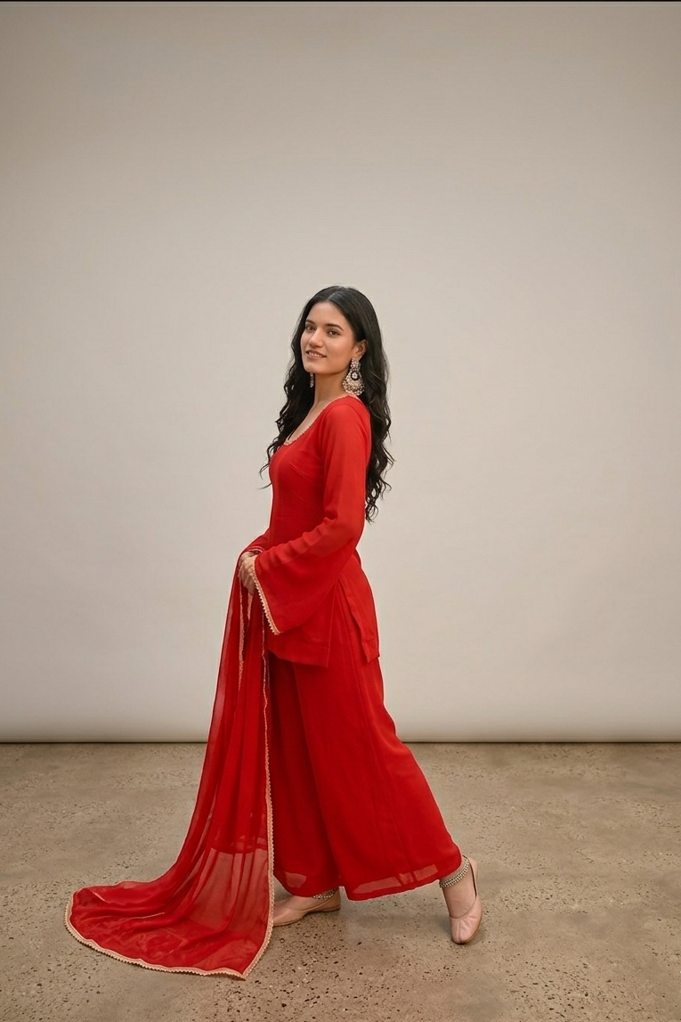 Bright Red Georgette Festive Suit Set