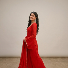 Bright Red Georgette Festive Suit Set