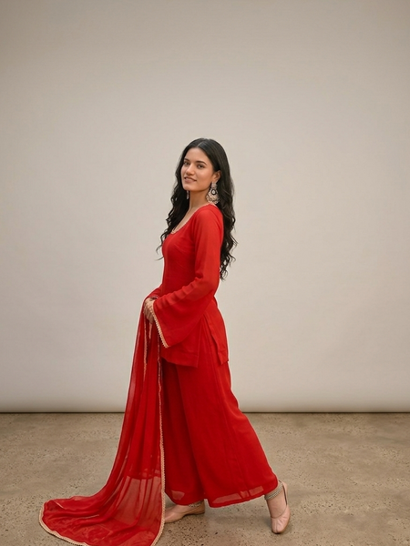 Bright Red Georgette Festive Suit Set