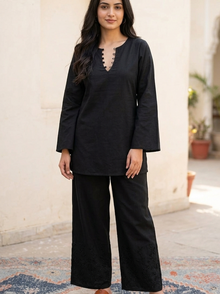 Black Cotton Solid Co Ord Set