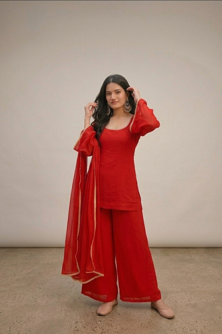 Bright Red Georgette Festive Suit Set