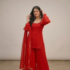 Bright Red Georgette Festive Suit Set