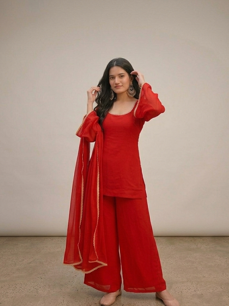 Bright Red Georgette Festive Suit Set