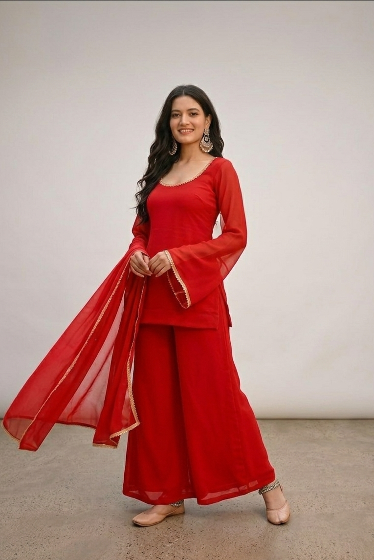 Bright Red Georgette Festive Suit Set
