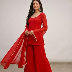 Bright Red Georgette Festive Suit Set