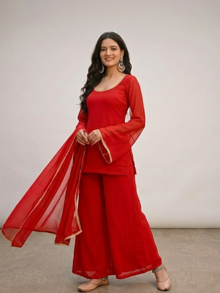 Bright Red Georgette Festive Suit Set