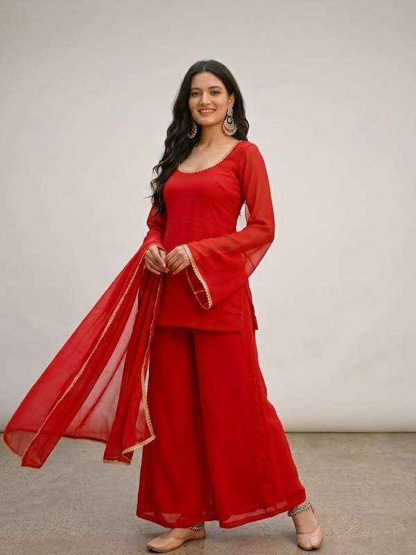 Bright Red Georgette Festive Suit Set