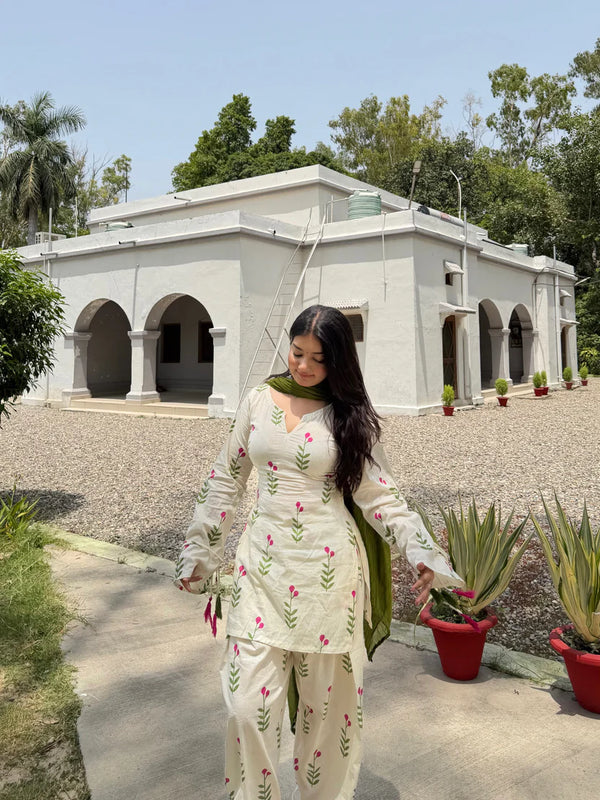 White & Pink Floral Patiala Kurta Set