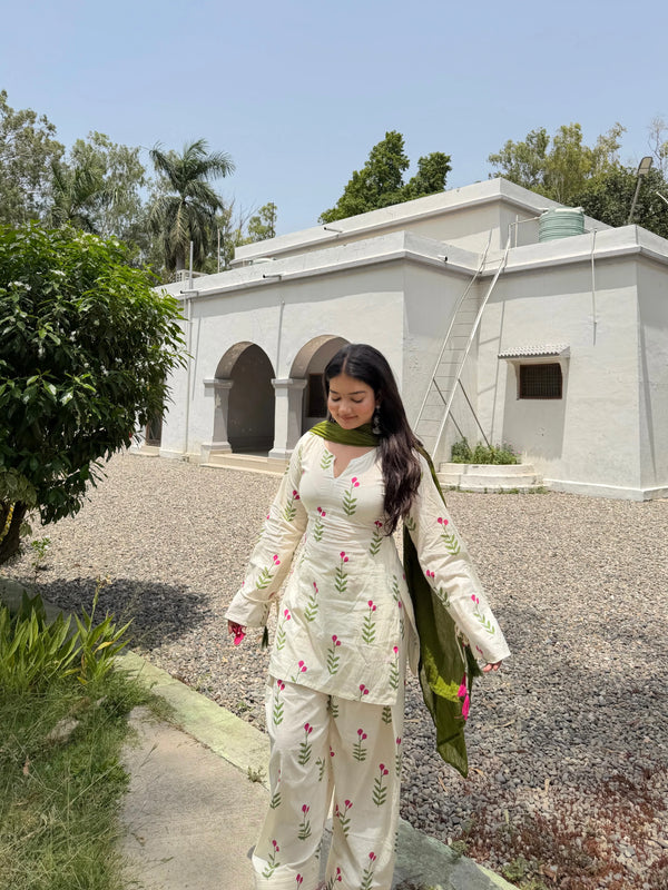 White & Pink Floral Patiala Kurta Set