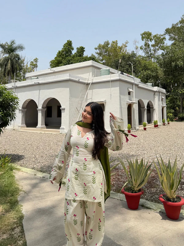 White & Pink Floral Patiala Kurta Set