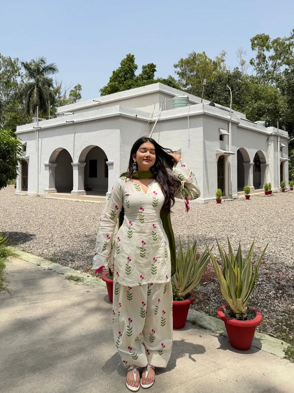 White & Pink Floral Patiala Kurta Set