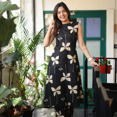 Black Floral Print Sleeveless Kurta Set