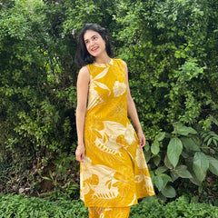 Yellow Floral Print Sleeveless Kurta Set