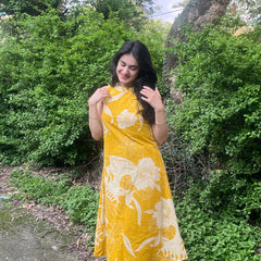 Yellow Floral Print Sleeveless Kurta Set