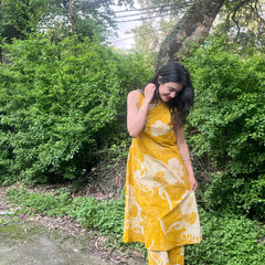 Yellow Floral Print Sleeveless Kurta Set