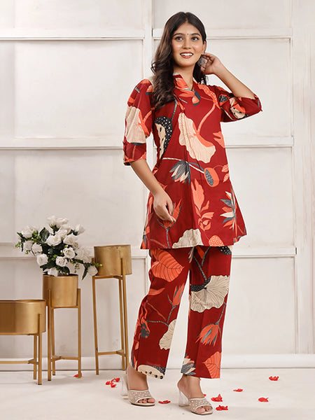 Maroon Flora Co-ord Sets