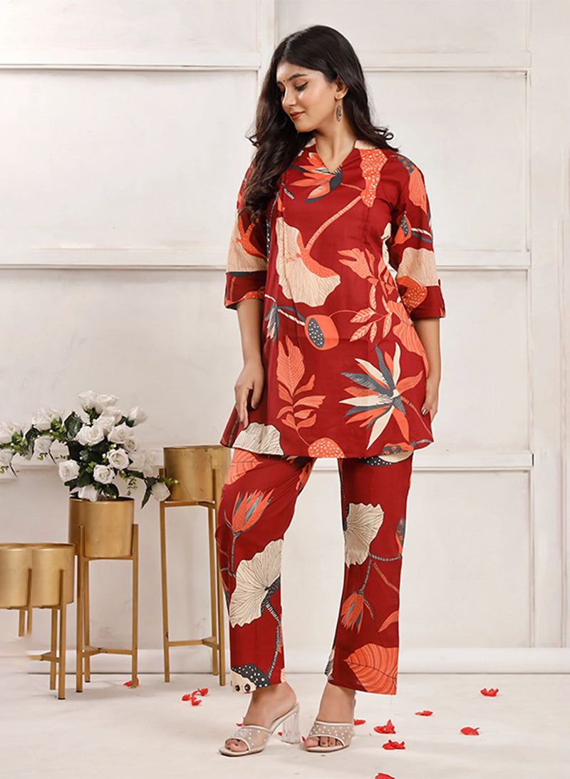 Maroon Flora Co-ord Sets