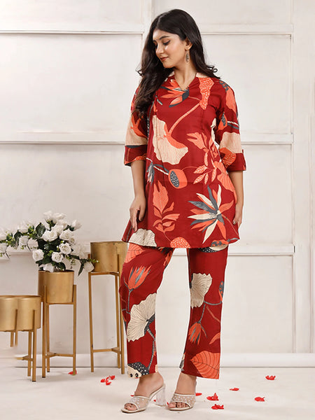 Maroon Flora Co-ord Sets