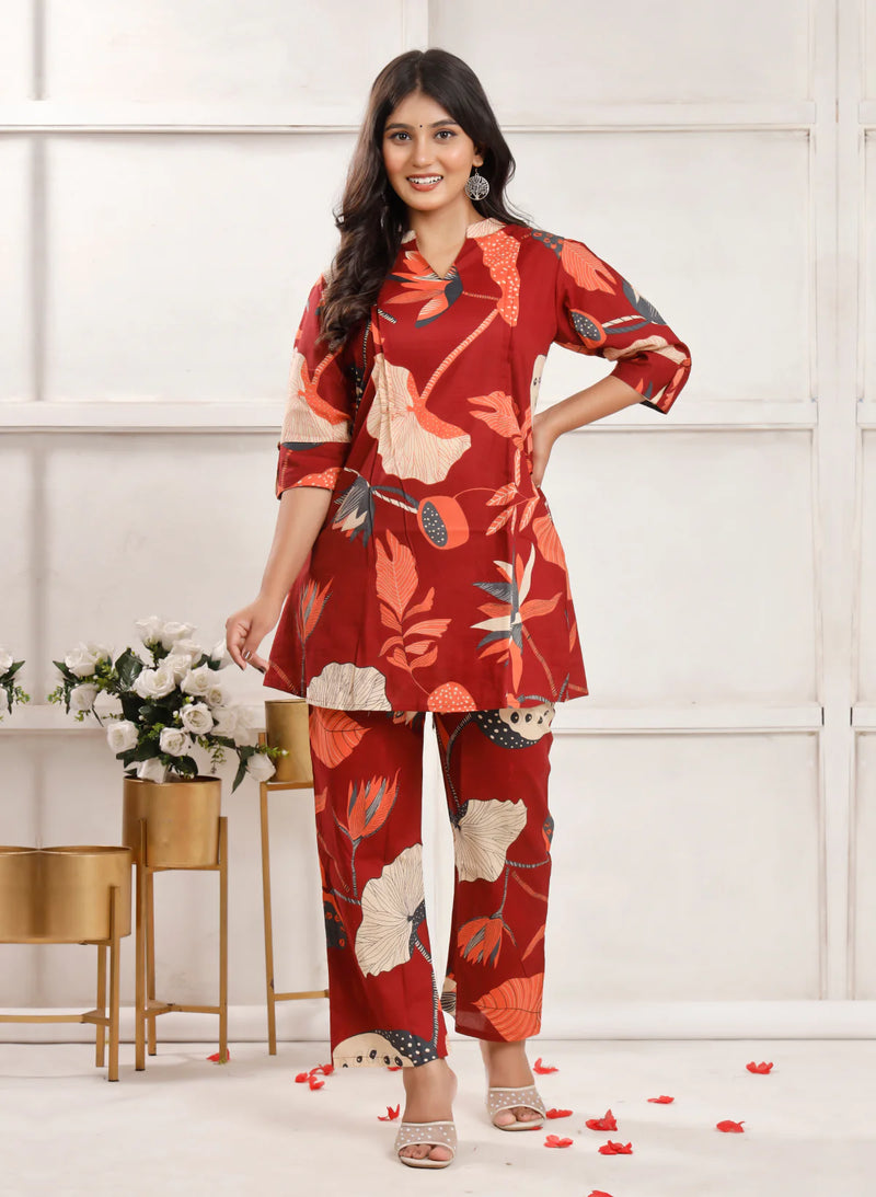Maroon Flora Co-ord Sets