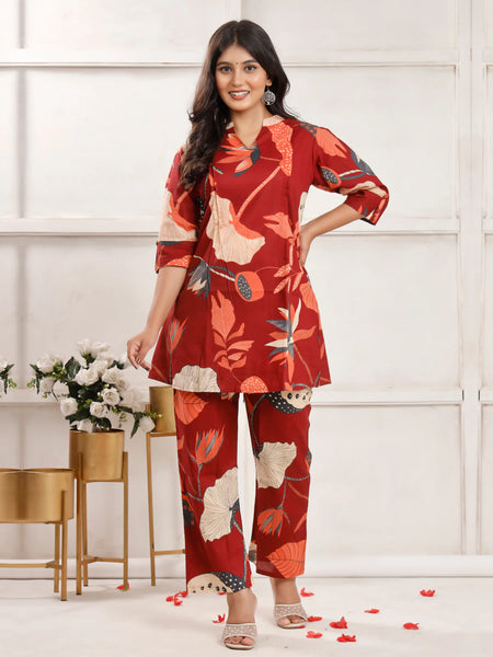 Maroon Flora Co-ord Sets