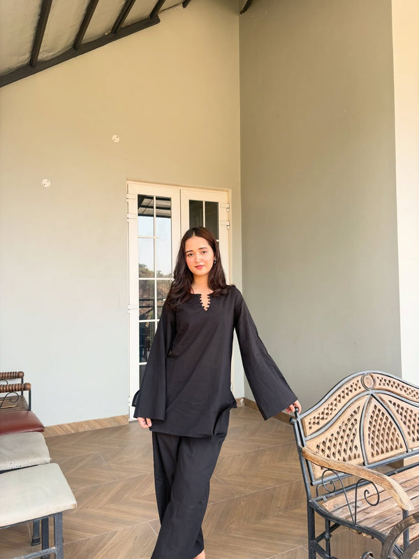 Black Cotton Solid Co Ord Set