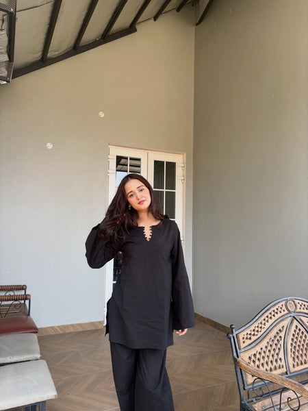 Black Cotton Solid Co Ord Set