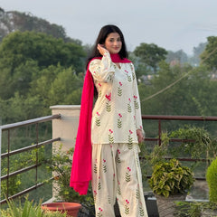White & Pink Floral Patiala Kurta Set