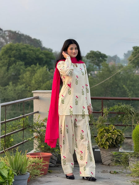 White & Pink Floral Patiala Kurta Set