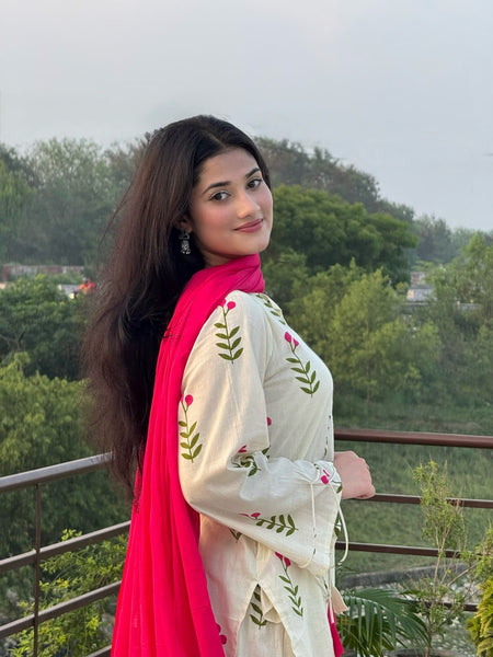 White & Pink Floral Patiala Kurta Set