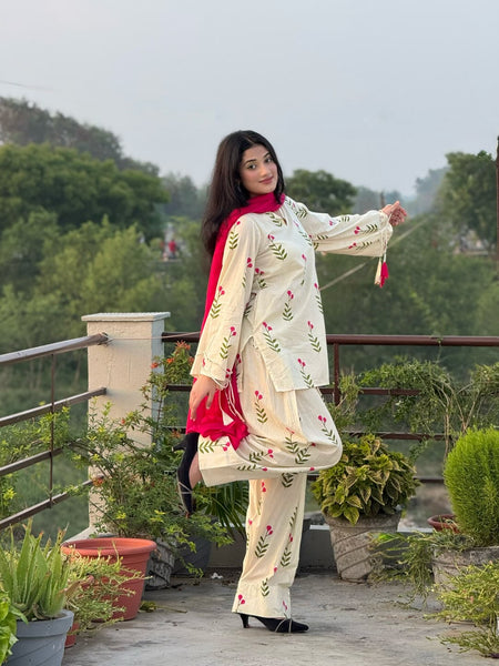White & Pink Floral Patiala Kurta Set