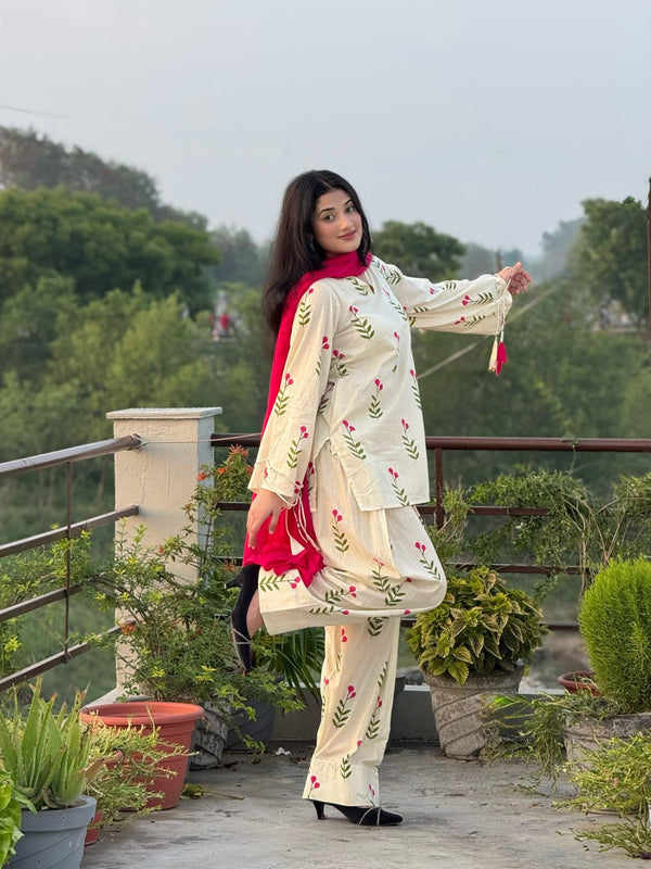 White & Pink Floral Patiala Kurta Set