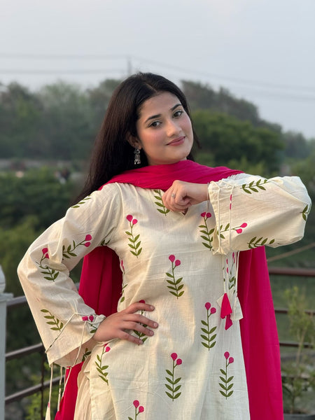 White & Pink Floral Patiala Kurta Set