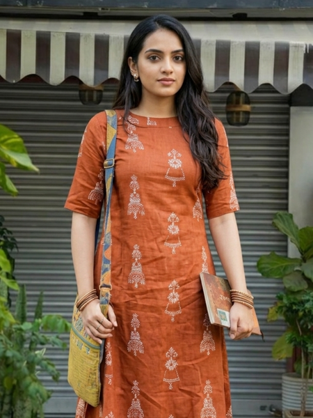 Brown Cotton Printed Suit Set
