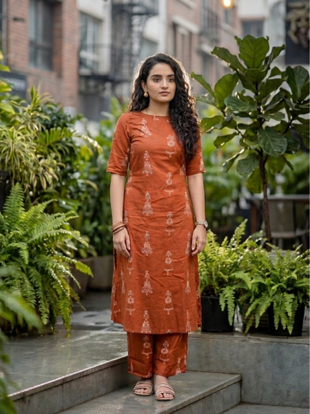 Brown Cotton Printed Suit Set