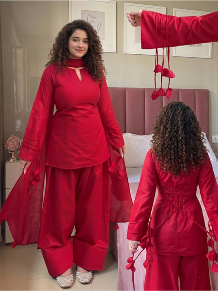 Red Cotton Blend Festive Suit Set