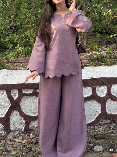 Purple Scallop Hem Flared Sleeve Co-ord Set