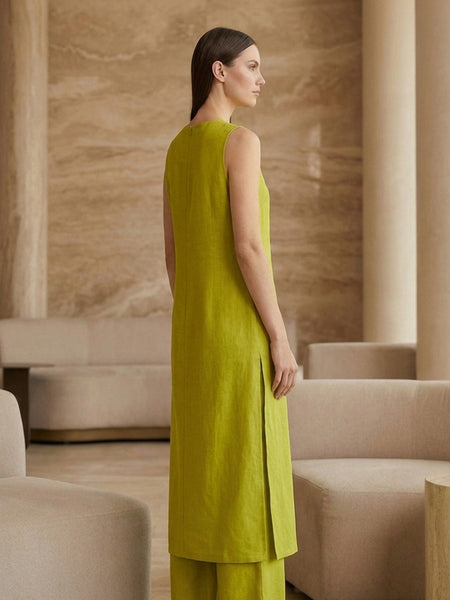 Lime Green Solid Sleeveless Straight Kurta Set