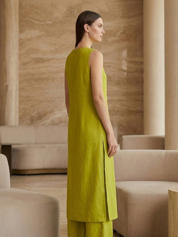Lime Green Solid Sleeveless Straight Kurta Set