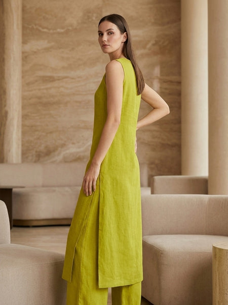 Lime Green Solid Sleeveless Straight Kurta Set