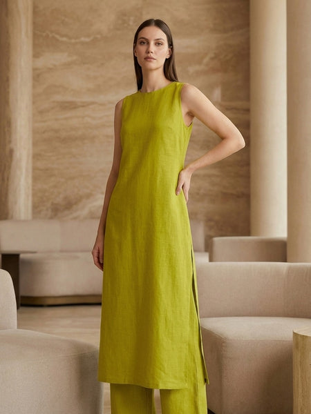 Lime Green Solid Sleeveless Straight Kurta Set