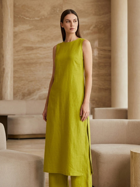 Lime Green Solid Sleeveless Straight Kurta Set