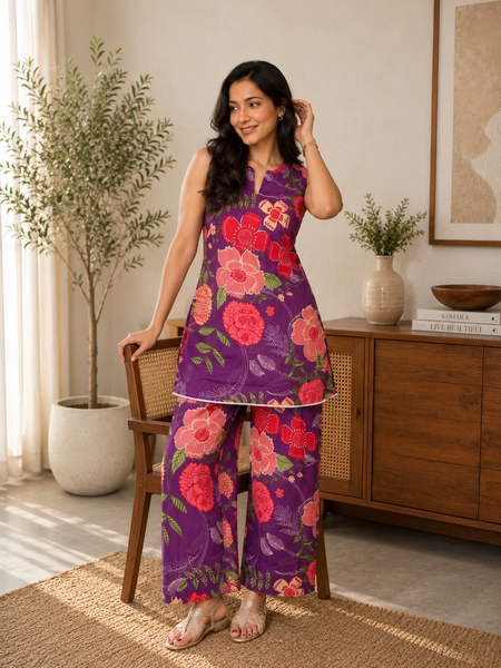 Purple Bloom Cotton Co-Ord Set