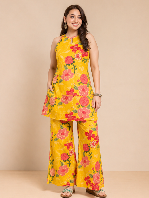 Mustard Floral Sleeveless Co-Ord Set