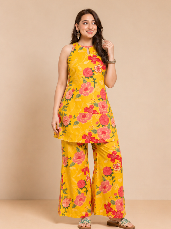Mustard Floral Sleeveless Co-Ord Set